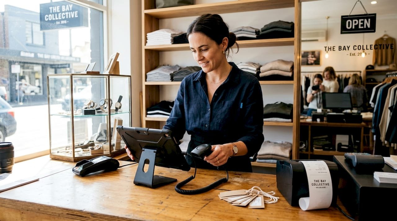 Retail worker setting up POS system on counter