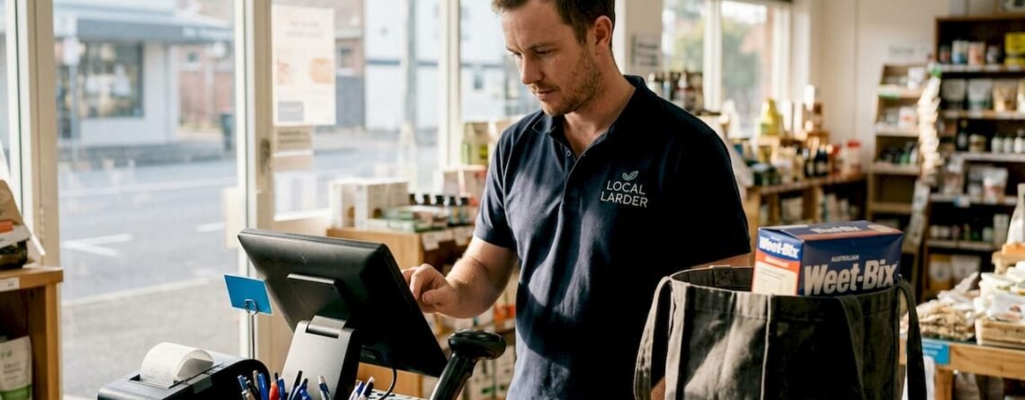 Retail worker using POS terminal at store counter