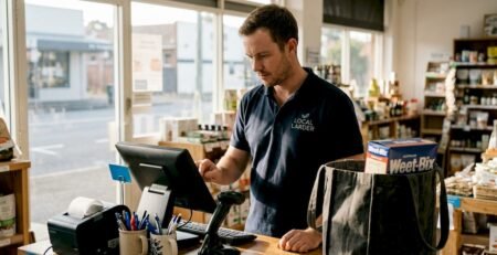 Retail worker using POS terminal at store counter