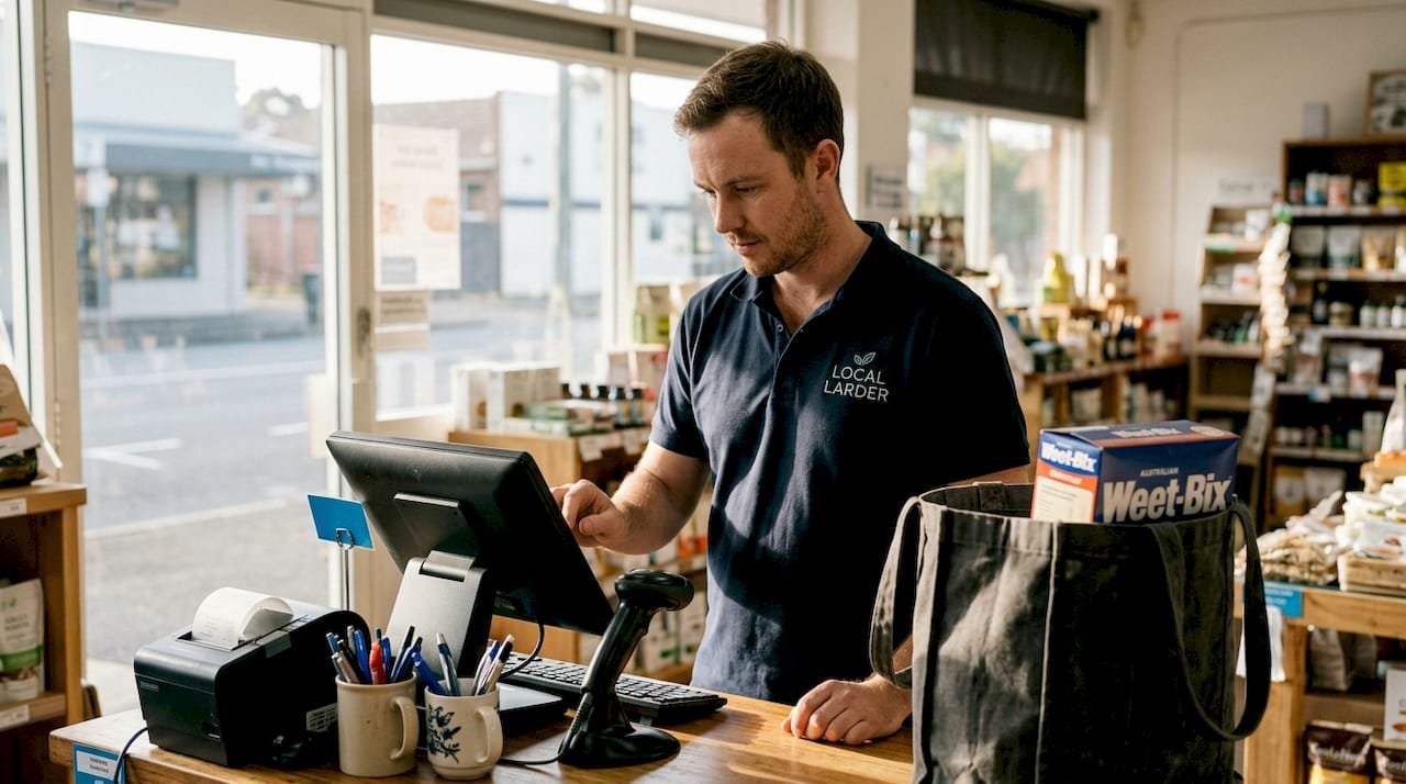 Retail worker using POS terminal at store counter