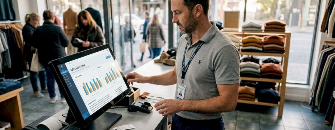 Retail manager checking POS system at counter