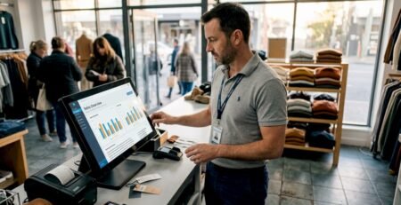 Retail manager checking POS system at counter