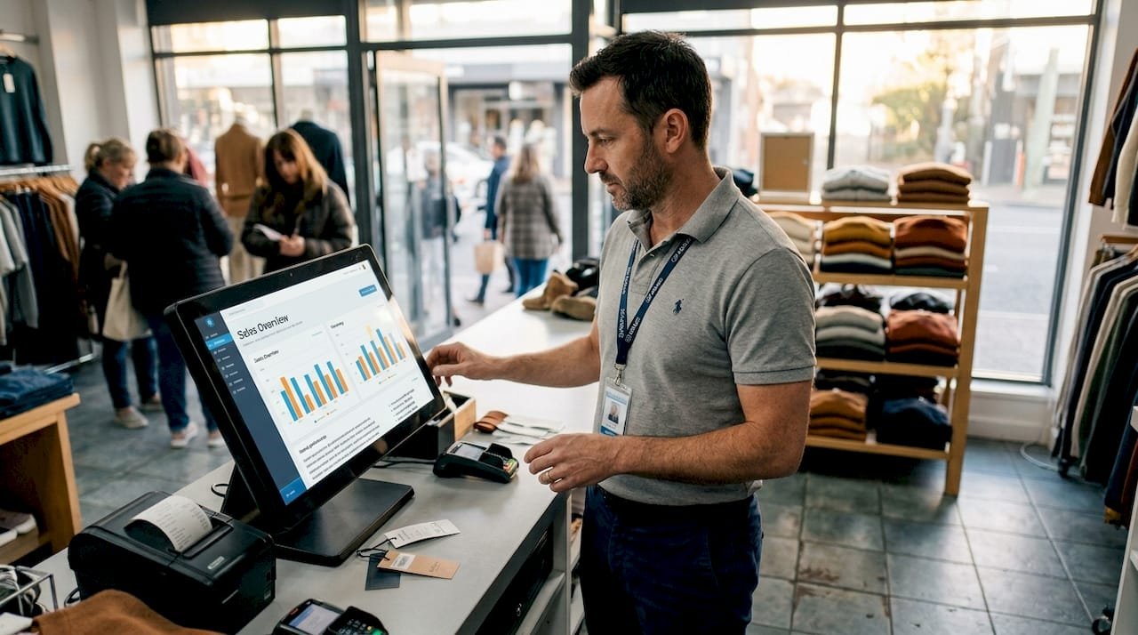 Retail manager checking POS system at counter