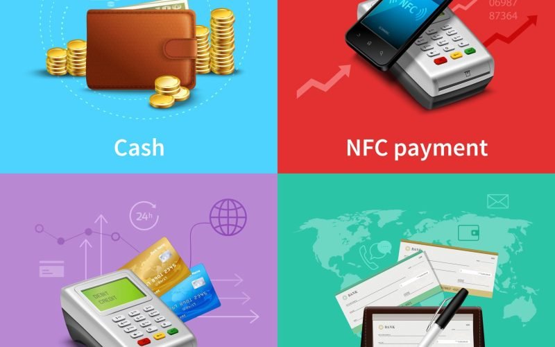 Payment Realistic Set Payment set with cash and card realistic icons isolated vector illustration
